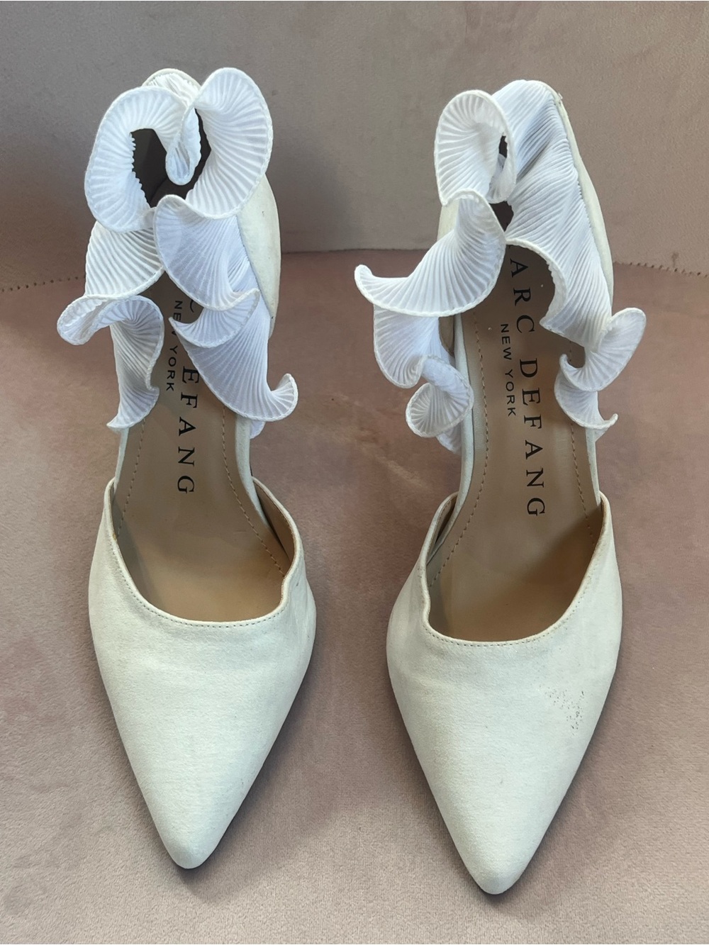 Pointed Ivory Ruffle Ankle Heels - Picture 2 of 5